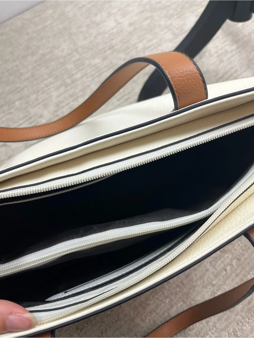 White Faux Leather Tote Bag Tan Handles Large Work Shoulder Bag Minimalist